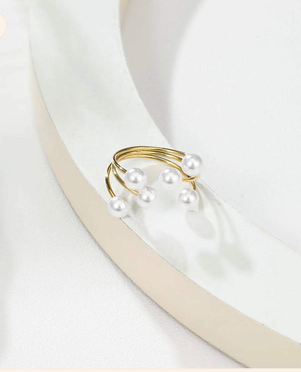 Bague ajustable ornée de perles blanches en acier inoxydable